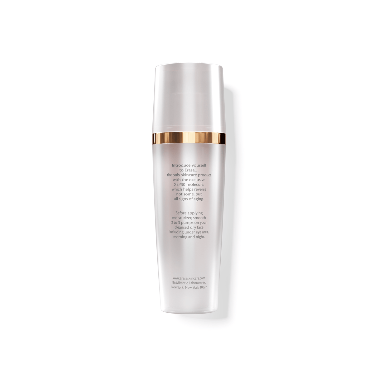Back Profile of the Erasa XEP 30 Serum. The back print on the bottle says "Introduce yourself to Erasa...the only skincare product with the exclusive XEP30 molecule, which helps reverse not some, but all signs of aging. Before applying moisturizer, smooth 2 to 3 pumps on your. cleansed dry face including under eye area, morning and night."