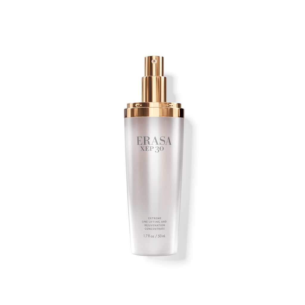 Flat Front profile of the Erasa XEP 30 Serum with the cap off displaying the metallic gold pump.