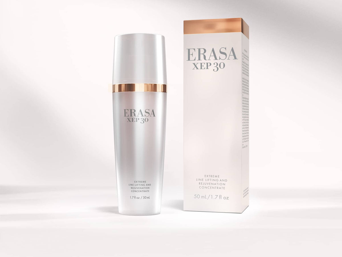 On the left is the Erasa XEP 30 Serum bottle and on the right is the box for the packaging which is also a blush pink with metallic accents.