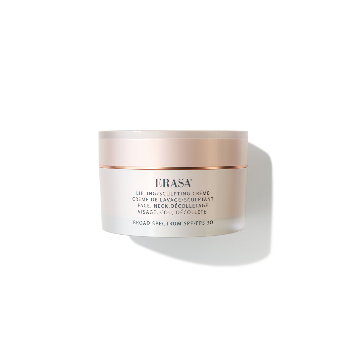 Erasa SPF-30 Lifting/Sculpting Crème presented in a chic blush pink translucent jar with soft metallic accents, embodying beauty and sophistication in every application.